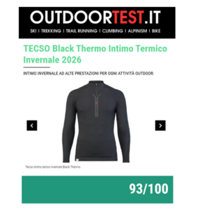 La rivista OutdoorTest recensisce l'intimo tecnico Tecso Black Thermo. Punteggio di 93/100 grazie alla traspirabilità e al comfort della microfibra Dryarn®.