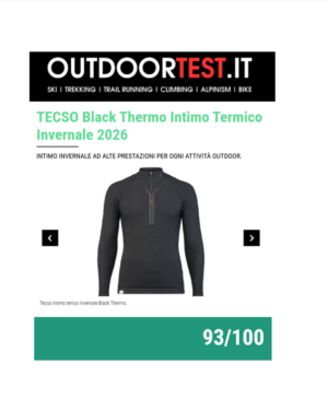 La rivista OutdoorTest recensisce l'intimo tecnico Tecso Black Thermo. Punteggio di 93/100 grazie alla traspirabilità e al comfort della microfibra Dryarn®.