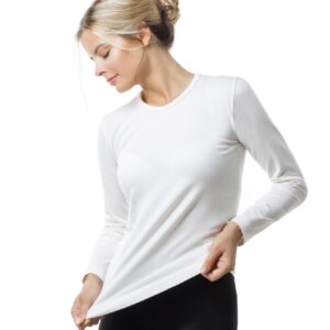 Vista frontale della maglia da donna bianca a maniche lunghe, intimo termico della linea Relaxsan Zero in Dryarn e Lana Merino. Intimo termico tecnico Relaxsan Zero in fibra Dryarn e Lana Merino per uomo e donna